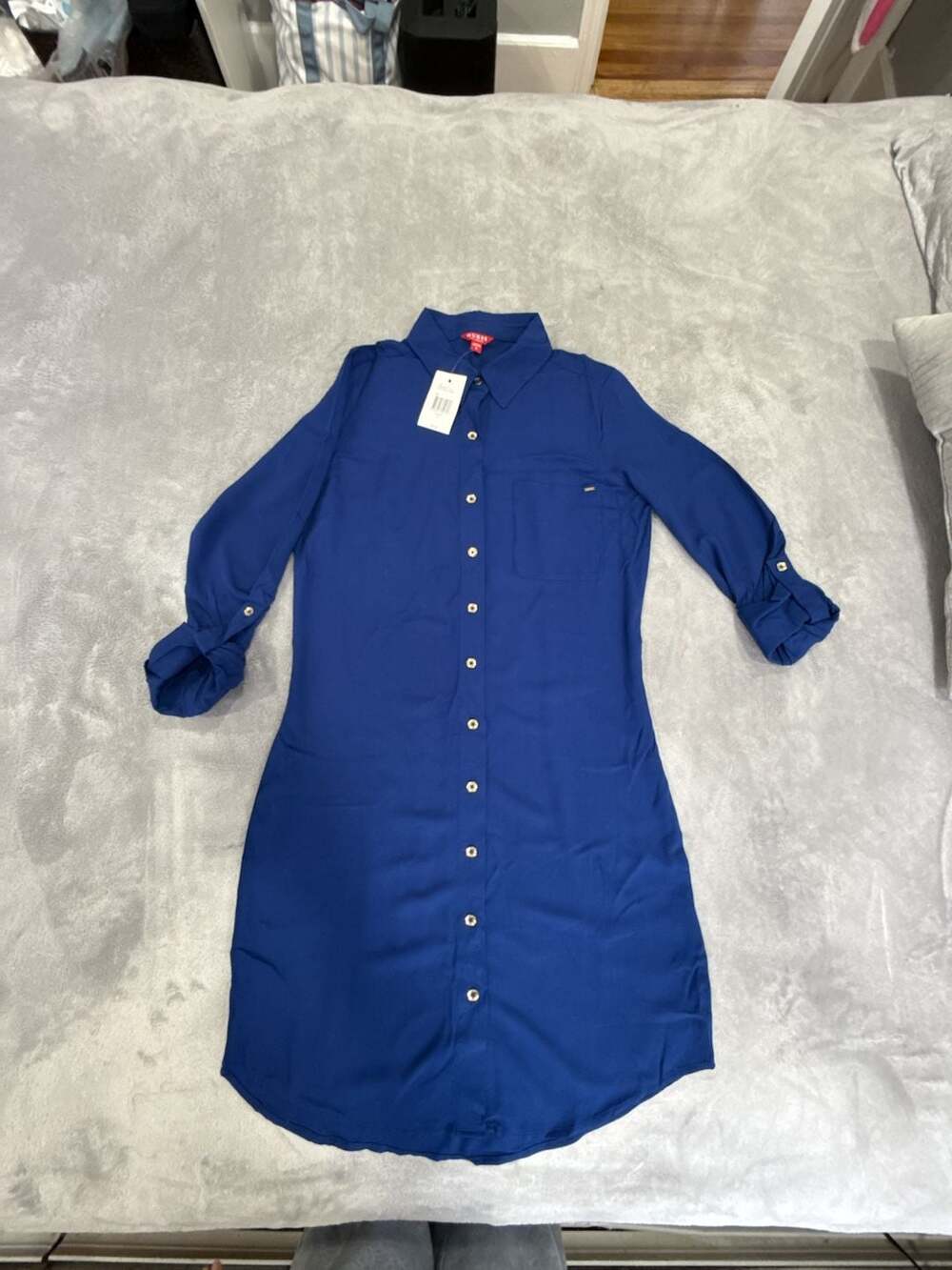 GUESS Button Down Shirt Dress Blue